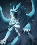 2025 ambiguous_gender artist_name beak blue_beak blue_body blue_ears blue_eyes blue_fur blue_horn blue_tongue blue_wings dated ears_back feathered_wings feathers feral front_view fur glistening glistening_eyes hi_res horn melee_weapon open_mouth pivoted_ears polearm pupils ridged_horn santanahoffman slit_pupils solo spear species_request text tongue weapon white_body white_fur wings