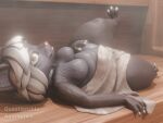 3_toes 3d_(artwork) 4:3 4_fingers absurd_res anthro big_butt blender_(artwork) blender_cycles blep butt digital_media_(artwork) domestic_cat feet felid feline felis female fingers fur grey_body grey_fur hair hand_on_belly hi_res looking_at_viewer lying mammal on_back questionable_aesthetics_(artist) raised_leg relaxing sauna short_stack slightly_chubby slightly_chubby_female solo thick_thighs toes tongue tongue_out towel towel_only white_hair wide_hips yellow_eyes