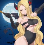  1girl bat_(animal) black_gloves blonde_hair breasts collarbone dead_rock demon_girl demon_tail elbow_gloves full_moon gaston18 gloves highres holding holding_smoking_pipe horns large_breasts lilith_(dead_rock) long_hair looking_at_viewer moon night outdoors pointy_ears red_eyes smoking_pipe solo tail underboob 