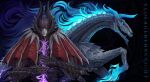 2025 ambiguous_gender armor artist_name blue_mane dated duo feral fire flaming_hair flaming_mane front_view grey_body grey_scales grey_wings hi_res holding_melee_weapon holding_object holding_sword holding_weapon humanoid looking_at_viewer male mane melee_weapon membrane_(anatomy) membranous_wings mouth_closed narrowed_eyes open_mouth pseudo_hair pseudo_mane purple_eyes red_wings santanahoffman scales sharp_teeth side_view simple_background sword teeth text weapon wings