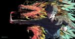  1boy absurdres arm_up black_background black_shirt dragon eastern_dragon fang fangs gradient_hair ha_jinsung highres kapxapius long_sleeves looking_to_the_side male_focus martial_arts multicolored_hair original sharp_teeth shirt short_hair signature solo teeth tiger tower_of_god 