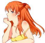  bare_arms bare_shoulders blue_eyes blurry blush body_blush breasts chemise chin_rest cleavage clenched_hand collarbone covered_nipples depth_of_field dress hair_ornament long_hair medium_breasts neon_genesis_evangelion no_bra orange_hair profile rebuild_of_evangelion shikinami_asuka_langley simple_background solo souryuu_asuka_langley strap_slip two_side_up upper_body white_background yellow_dress yoshii_yumi 