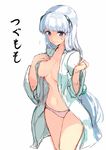  areola_slip areolae blue_eyes blush breasts covered_nipples hair_ornament hajime_kaname highres large_breasts long_hair open_clothes open_shirt panties pink_panties shirt silver_hair simple_background sketch solo underwear white_background white_shirt 