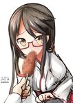  bad_id bad_pixiv_id bespectacled black_hair brown_eyes censored censored_food glasses haruna_(kantai_collection) japanese_clothes kantai_collection long_hair miko nekobaka sexually_suggestive solo_focus 