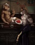 abs anthro bared_teeth beef bone bottomwear brown_body brown_eyes brown_fur clothed clothing duo equid equine food fur hi_res holding_fork holding_plate horse inside lying male male_anthro mammal meat mohawk navel on_side pecs satanic_monkey standing steak topless white_body white_bottomwear white_clothing white_fur