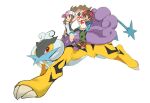  1boy 1girl bad_id bad_twitter_id baseball_cap blue_eyes brown_eyes brown_hair chinese_zodiac hat hilbert_(pokemon) hilda_(pokemon) looking_at_viewer nyagiratwist open_mouth pokemon pokemon_(creature) pokemon_bw raikou riding riding_pokemon simple_background white_background year_of_the_tiger 