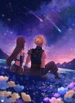  1boy 1girl arm_support armor baggy_pants bare_shoulders black_gloves black_hair black_skirt black_thighhighs blonde_hair blue_flower boots bracelet breasts brown_hair cloud cloud_strife cloudy_sky crop_top elbow_gloves english_commentary final_fantasy final_fantasy_vii final_fantasy_vii_rebirth final_fantasy_vii_remake flower from_behind full_body gloves grass highres holding_hands jewelry large_breasts long_hair looking_up low-tied_long_hair materia miniskirt mountainous_horizon night night_sky outdoors pants pink_flower purple_flower reishichi shooting_star shoulder_armor single_bare_shoulder sitting skirt sky sleeveless sleeveless_turtleneck sparkle spiked_hair star_(sky) starry_sky suspenders sweater tank_top thighhighs tifa_lockhart turtleneck turtleneck_sweater water white_tank_top yellow_flower 