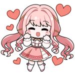  1girl ^_^ artist_request belt black_belt blush_stickers bow bow_legwear bra_strap brown_ribbon center_frills chibi choker closed_eyes frilled_skirt frilled_sleeves frills hair_intakes hair_ribbon hands_on_own_cheeks hands_on_own_face heart infinity_nikki kneehighs layered_skirt long_hair long_sleeves low_twintails lowres medium_skirt nikki_(nikki) nikki_(series) non-web_source off-shoulder_shirt off_shoulder official_art open_mouth perfect_start_(infinity_nikki) pink_bow pink_choker pink_hair pink_shoes pink_skirt pleated_skirt puffy_long_sleeves puffy_sleeves ribbon shirt shoes sidelocks skirt smile socks solo standing transparent_background tress_ribbon twintails very_long_hair wavy_hair white_shirt white_skirt white_socks 