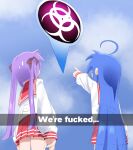  2girls absurdres ahoge biohazard_symbol blue_hair bow cloud cloudy_sky commentary_request english_text from_behind gameplay_mechanics hair_bow highres hiiragi_kagami huge_ahoge izumi_konata long_hair lucky_star meme mixed-language_commentary mole mole_on_cheek multiple_girls multiple_hair_bows panties papyopyo plague_inc. pleated_skirt pointing pointing_at_object purple_hair red_sailor_collar red_skirt ryouou_school_uniform sailor_collar school_uniform serafuku skirt sky twintails underwear very_long_hair white_panties 