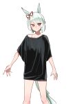  1girl absurdres animal_ears black_shirt blush bow bra_strap braid closed_mouth ear_bow fujimasa_march_(umamusume) half_up_braid highres horse_ears horse_girl horse_tail kakuteru_sudachi long_hair long_sleeves looking_at_viewer off_shoulder oversized_clothes oversized_shirt red_bow shirt short_hair simple_background single_off_shoulder smile solo tail umamusume white_background white_hair yellow_eyes 