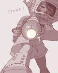  1girl absurdres aiming aiming_at_viewer arm_cannon armored_boots blue_eyes boots brown_background brown_theme diving_helmet energy_ball foot_out_of_frame from_below half-closed_eyes helmet highres jetpack jumpsuit looking_at_viewer masei_shibou monochrome official_alternate_costume open_mouth reverse:1999 solo spathodea_(onwards_to_victory)_(reverse:1999) spathodea_(reverse:1999) spot_color sweat translation_request weapon 