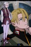  1boy 1girl alternate_costume amikoiiko belt black_belt black_collar black_sleeve_cuffs blonde_hair blue_eyes closed_mouth collar commentary copyright_name cosplay dimitri_alexandre_blaiddyd earth_federation edelgard_von_hresvelg facing_to_the_side fingernails fire_emblem fire_emblem:_three_houses green_jacket gundam gundam_unicorn hair_ribbon hand_on_own_chin highres jacket letterboxed long_hair long_sleeves looking_at_viewer marida_cruz marida_cruz_(cosplay) military_jacket military_uniform multicolored_shoes pants portrait purple_belt purple_eyes purple_ribbon purple_shoes purple_sleeve_cuffs purple_tunic red_collar ribbon riddhe_marcenas riddhe_marcenas_(cosplay) shirt shoes short_hair shoulder_boards sleeveless_tunic spacecraft_interior star_(sky) starry_sky_background sternocleidomastoid_muscle translated tunic two-tone_belt two-tone_shoes undershirt white_hair white_pants white_shirt white_shoes wing_print zeon 