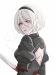  1girl 2b_(nier:automata) artist_name black_hairband blood blue_eyes commentary english_commentary english_text hair_between_eyes hairband highres lamdanthefish looking_at_viewer mole mole_under_eye nier:automata nier_(series) short_hair solo spoilers stab twitter_username upper_body watermark white_background white_hair 