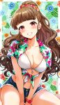  1girl absurdres bikini blunt_bangs blush breasts brown_eyes brown_hair cleavage collarbone denim denim_shorts floral_print front-tie_top fur-trimmed_shorts fur_trim grin high_ponytail highres idolmaster idolmaster_cinderella_girls kamiya_nao long_hair medium_breasts midriff navel ponytail popon_ta shirt shorts smile solo swimsuit thighs tied_shirt wavy_hair white_bikini white_shirt wristband 