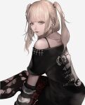  1girl absurdres aegyo_sal amane_misa bare_shoulders black_pantyhose black_shirt blonde_hair bra_strap chain chain_necklace closed_mouth commentary cross cross_earrings death_note earrings eyelashes feet_out_of_frame from_side grey_background grey_eyes highres jewelry latin_cross long_hair looking_at_viewer looking_to_the_side mano_aaa necklace off-shoulder_shirt off_shoulder pantyhose plaid_clothes plaid_skirt print_shirt red_lips red_skirt shirt short_sleeves sidelocks simple_background sitting skirt solo striped_arm_warmers t-shirt torn_clothes torn_pantyhose two_side_up 