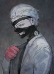 1boy black_mask black_shirt eyepatch gloves heterochromia highres kaneki_ken looking_at_viewer male_focus mask red_eyes red_gloves shirt short_hair simple_background solo stfr_(stfr_kaz) suit teeth_print tokyo_ghoul tokyo_ghoul:re white_hair white_suit zipper_pull_tab 