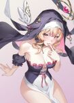  1girl arm_support bare_shoulders blonde_hair blush bodice breasts center-flap_bangs cleavage coif detached_collar detached_sleeves detached_wings finger_to_mouth highres indie_virtual_youtuber invisible_chair looking_at_viewer medium_breasts mini_wings mole mole_on_breast nun ophanim_halo pelvic_curtain pink_eyes puffy_detached_sleeves puffy_sleeves second-party_source sitting skirt solo suko_(vtuber) virtual_youtuber white_skirt white_wings wings yin_lan_xue 