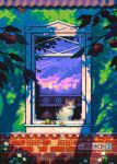  apple_tree atmospheric_perspective branch brick_wall cat contra_bonos flower forced_perspective highres hue_shifting leaf lily_(flower) original outdoors pixel_art scenery silhouette tree window windowsill 