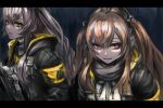  2girls armband black_jacket black_ribbon black_scarf brown_eyes brown_hair commentary_request double-parted_bangs dress_shirt girls&#039;_frontline gun h&amp;k_ump hair_between_eyes holding holding_gun holding_weapon hood hood_down hooded_jacket jacket long_hair long_sidelocks looking_at_viewer multiple_girls neck_ribbon one_side_up parted_lips red_eyes ribbon scar scar_across_eye scar_on_face scarf shiba42505719 shirt sidelocks submachine_gun twintails two-sided_fabric two-sided_jacket ump45_(girls&#039;_frontline) ump9_(girls&#039;_frontline) upper_body weapon white_shirt yellow_armband yellow_jacket 