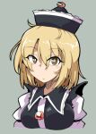  1girl black_hat black_ribbon black_vest blonde_hair breasts brown_eyes closed_mouth commentary_request crescent crescent_hat_ornament eyeliner grey_background hair_between_eyes hat hat_ornament large_breasts light_frown looking_at_viewer lunasa_prismriver makeup messy_hair midori_niku orb puffy_short_sleeves puffy_sleeves ribbon ribbon-trimmed_sleeves ribbon_trim shirt short_hair short_sleeves simple_background solo touhou upper_body vest white_shirt 