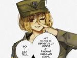  1girl absurdres azov_battalion blonde_hair brown_eyes english_text fang green_jacket highres jacket marichka military military_uniform one_eye_closed original paper_texture pointing pointing_at_self polearm russo-ukrainian_war shaded_face short_hair signature skin_fang smile solo speech_bubble tryzub ukrainian_flag usergore weapon white_background 