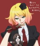 1girl anime_coloring bare_arms black_hat black_jacket blonde_hair breasts cathy_(satsuriku_no_tenshi) character_doll collared_jacket collared_shirt doll downturned_eyes evil_smile eyelashes gloves gradient_hair green_eyes hair_between_eyes hat holding isaac_foster jacket kurimilove lapels lipstick looking_at_object makeup mini_hat multicolored_hair necktie notched_lapels open_mouth pink_hair pink_lips puffy_short_sleeves puffy_sleeves puppet puppet_strings red_background red_gloves red_necktie satsuriku_no_tenshi shirt short_hair short_sleeves simple_background smile solo tsurime two-tone_hair upper_body white_shirt 