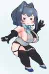  1girl arrivedcold black_gloves black_hair black_skirt black_sleeves black_thighhighs blue_eyes blue_hair bow bow_earrings breasts chain chain_headband closed_mouth colored_inner_hair detached_sleeves earrings full_body gloves grey_shirt hair_intakes half-skirt highres hololive hololive_english jewelry large_breasts multicolored_hair ouro_kronii ouro_kronii_(1st_costume) shirt sideboob skirt solo thighhighs virtual_youtuber 