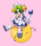  1girl ahoge animal_hat apron bell blue_dress bow cat_hat cat_tail curtained_hair dejiko di_gi_charat dress gema gloves green_hair gremliin hat jingle_bell looking_at_viewer neck_bell open_mouth pink_background pixel_art puffy_short_sleeves puffy_sleeves short_hair short_sleeves simple_background sitting solo tail tail_bow tail_ornament white_apron white_gloves 