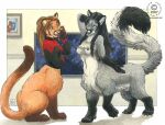 2007 animal_genitalia black_hair black_nipples black_nose bottomless breasts brown_hair chakat clothed clothing dipstick_tail duo felid felid_taur female fully_sheathed fur genitals gloves_(marking) grey_body grey_fur gynomorph hair herm_(lore) intersex kacey leg_markings mammal mammal_taur markings mythril nipples open_mouth orange_body orange_fur pink_nose sheath socks_(marking) starfleet_uniform tail tail_markings taur whiskers windsong