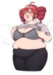  1girl absurdres ahoge alternate_body_size bifizu&#039;s_gold black_pants blush bra breasts closed_eyes clothes_lift commentary_request cowboy_shot cropped_legs drill_hair fat fatass_teto_(meme) grey_bra grey_shirt hair_between_eyes highres kasane_teto large_breasts meme muffin_top open_mouth pants puff_of_air red_hair shirt short_sleeves simple_background solo sweat t-shirt thick_thighs thighs twin_drills underwear utau white_background 
