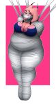 absurd_res anthro arthropod_webbing big_breasts black_body black_eyes black_fur black_nose blue_clothing blush blush_lines bound breasts cleavage clothed clothing ear_tuft eyelashes felid feline female floppy_ears front_view fur hi_res lady_ethereal_(nine_sols) lop_ears mammal nine_sols ostentatiousrvn overweight overweight_female pink_background pink_body pink_fur red_candle_games simple_background solarian solo thick_thighs tuft web_bondage white_background wide_hips