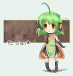  1girl 2000s_(style) :o black_boots black_skirt boots character_name chibi chibi_only commentary cyber_fashion dress english_commentary fl-chan fl_studio green_hair headset jamuko looking_at_viewer open_mouth orange_eyes personification short_hair skirt solo standing 