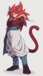  1boy black_vest blue_eyes body_fur brown_fur crossed_arms dragon_ball dragon_ball_gt full_body gogeta highres komesan_0212 long_hair male_focus metamoran_vest muscular pants red_hair simple_background solo spiked_hair super_saiyan super_saiyan_4 vest white_background white_pants 