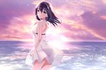  ass bikini bikini_under_clothes black_hair brown_eyes fujiwara_hajime happy_birthday idolmaster idolmaster_cinderella_girls kyu long_hair looking_at_viewer see-through smile solo sunset swimsuit swimsuit_under_clothes 