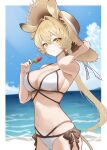  1girl absurdres alternate_costume animal_ears arknights arm_up bare_shoulders beach bikini bird blonde_hair blue_sky border bow bow_bikini breasts brown_bow cleavage cloud collarbone commentary crossed_bangs day dorothy_(arknights) dr.lamina food hair_between_eyes hair_intakes hand_up hat head_tilt highres large_breasts looking_at_viewer mouse_ears mouse_girl navel ocean outdoors ponytail popsicle sky smile solo standing stomach straw_hat sun_hat sunlight swimsuit thighs vest watermelon_bar white_bikini white_border yellow_eyes 