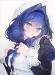  1girl absurdres apron black_dress blue_eyes blue_hair blush breasts closed_mouth dress hair_intakes hat highres hololive hololive_english iinkpea long_hair long_sleeves mob_cap ouro_kronii ouro_kronii_(maid) solo twitter_username upper_body white_apron white_hat 