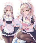 1girl alternate_costume alternate_hairstyle angel_wings apron armband black_pantyhose blonde_hair blue_archive breasts cleavage commentary detached_collar dress enmaided feathered_wings flower frilled_apron frilled_armband frilled_skirt frills hair_between_eyes hair_flower hair_ornament halo highres long_hair looking_at_viewer maid maid_apron maid_headdress medium_breasts multiple_views nagisa_(blue_archive) natie open_mouth pantyhose short_sleeves sidelocks skirt skirt_hold smile squatting twintails very_long_hair white_wings white_wrist_cuffs wings wrist_cuffs yellow_eyes 