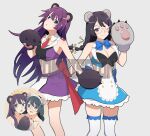  2girls :o alternate_costume animal_ears animal_hands apron arm_up bear_ears black_bra black_hair blue_bow blue_bowtie blue_eyes blue_skirt blue_trim bow bowtie bra braided_twintails check_clothing closed_mouth clothing_request collar commentary_request cosplay cowboy_shot crossover crown double-parted_bangs english_commentary fake_animal_ears fang fooring frilled_skirt frilled_thighhighs frills glasses gloves hair_between_eyes hand_to_hand hanekawa_tsubasa highres inset long_hair long_sidelocks looking_at_viewer maid_apron maid_headdress mixed-language_commentary monogatari_(series) multicolored_skirt multiple_girls necktie one_eye_closed open_mouth parted_lips partial_commentary paw_gloves paw_pose purple_bra purple_eyes purple_hair purple_skirt red_necktie round_eyewear semi-transparent senjougahara_hitagi short_necktie sidelocks simple_background skin_fang skirt smile split_mouth star_ornament teeth thighhighs underwear upper_teeth_only v-shaped_eyebrows watermark white_background white_collar white_skirt white_thighhighs yuri_kuma_arashi zettai_ryouiki 