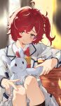  1girl absurdres ahoge aokaly blazer blush bow bowtie detached_ahoge english_commentary feet_out_of_frame hair_bobbles hair_ornament highres holding holding_stuffed_toy jacket komari_chika long_hair looking_at_viewer make_heroine_ga_oo_sugiru! medium_hair nervous_smile one_side_up pleated_skirt red_bow red_bowtie red_hair school_uniform sitting skirt smile solo stuffed_animal stuffed_rabbit stuffed_toy tsuwabuki_high_school_uniform white_jacket white_skirt winter_uniform yellow_bow yellow_bowtie yellow_eyes 