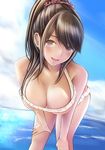  anegasaki_nene bent_over bikini breasts brown_eyes brown_hair cleavage large_breasts long_hair love_plus mole mole_under_eye nannacy7 ponytail solo swimsuit 