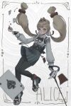  1girl ace_(playing_card) ace_of_spades animal_ears black_gloves black_pantyhose black_shoes blonde_hair border breasts card character_name commentary cup expressionless fingerless_gloves five_of_clubs floating_hair full_body gemaine88008459 gloves green_skirt heterochromia highres holding holding_sword holding_weapon long_hair long_sleeves looking_at_viewer orange_eyes ornate_border outside_border pantyhose parted_lips playing_card pleated_skirt rabbit_ears rabbit_girl rapier shirt shoes simple_background skirt solo spade_(shape) sword symbol-only_commentary tea teacup three_of_hearts twintails two_of_diamonds weapon white_shirt yellow_eyes zenless_zone_zero 