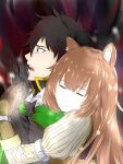  1boy 1girl abstract_background animal_ears armor armored_gloves black_dress black_hair black_shirt blunt_bangs breastplate brown_gloves brown_hair cloak closed_eyes closed_mouth collared_shirt commentary_request couple dress elbow_gloves fur-trimmed_cloak fur_trim gloves gold_trim green_cloak green_eyes grey_armor hand_up hetero high_collar highres holding_hands hug hug_from_behind iwatani_naofumi leather_armor long_hair long_sleeves looking_ahead ma_bo_do_hugozen messy_hair metal_arm_cuffs metal_wrist_cuffs open_mouth raccoon_ears raccoon_girl raphtalia shirt short_hair sleeveless sleeveless_dress smile straight_hair striped_clothes striped_dress tate_no_yuusha_no_nariagari teeth upper_body vertical-striped_clothes vertical-striped_dress white_dress 