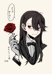  1girl alternate_costume alternate_hairstyle artist_name black_bow black_bowtie black_hair blush bow bowtie closed_mouth fate/grand_order fate_(series) flower gloves goma1021 hair_between_eyes highres holding holding_flower long_hair long_sleeves oda_nobunaga_(fate) oda_nobunaga_(koha-ace) petals red_eyes red_flower red_rose rose simple_background smile solo speech_bubble suit thorns upper_body white_background white_gloves 