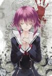  1girl black_dress black_jacket blood bow breasts buttons chaos;child chest_bow closed_eyes collarbone cropped_jacket double-breasted dress facing_viewer floating_hair hair_between_eyes handprint hekiho_academy hekiho_academy_school_uniform highres interlocked_fingers jacket long_sleeves looking_at_viewer official_art onoe_serika own_hands_clasped own_hands_together palms_together pink_hair praying sailor_collar sasaki_mutsumi school_emblem school_uniform short_hair short_hair_with_long_locks sidelocks solo sumo_sticker_(chaos;child) white_sailor_collar 
