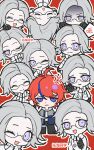  ^_^ ahoge anger_vein aotsuki_eito black_gloves black_streaks blue_eyes blue_jacket chibi chibi_only chinese_commentary chinese_text clone closed_eyes drawstring glasses gloves grey_hair grey_jacket half-closed_eyes highres hood hoodie jacket jacket_over_hoodie kokoroy looking_at_viewer male_focus multicolored_hair multicolored_jacket multiple_boys one_eye_closed outline purple_eyes red_background red_hair short_hair simple_background smile streaked_hair sumino_takumi the_hundred_line_-last_defense_academy- too_many two-tone_jacket upside-down white_hoodie white_jacket white_outline 