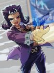  1boy artist_name belt belt_buckle black_belt black_choker black_pants blue_eyes buckle card choker commentary_request duel_disk headpiece highres holding holding_card jacket jewelry kamishiro_ryouga kuroda_(kuro_yyy) lantern_shark_(yu-gi-oh!) looking_at_viewer male_focus medium_hair open_clothes open_jacket open_mouth outstretched_arm pants pendant_choker purple_hair purple_jacket red_shirt ring scouter shirt signature solo standing teeth trading_card transparent upper_teeth_only yu-gi-oh! yu-gi-oh!_zexal 
