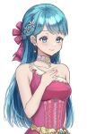  1girl blue_eyes bow braid breasts choker collarbone colored_eyelashes commentary_request dragon_quest dragon_quest_v dress earrings flora_(dq5) flower hair_bow hair_flower hair_ornament hand_on_own_chest haniwa_(8241427) highres jewelry long_hair medium_breasts official_alternate_design pink_dress purple_bow side_braid single-shoulder_dress smile solo upper_body white_background white_flower 