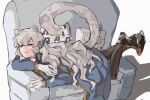  1boy animal_ears argalia_(project_moon) ascot black_pants black_shoes blue_cape blue_eyes blue_jacket cape cat_boy cat_ears cat_tail chair closed_mouth divewet3 full_body gloves gold_trim highres jacket library_of_ruina long_hair long_sleeves looking_at_viewer lying male_focus on_chair on_stomach pants project_moon shoes simple_background smile solo tail white_ascot white_background white_gloves white_hair 