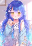  absurdres ahoge amamiya_kokoro amamiya_kokoro_(6th_costume) bell blue_hair blush choker collarbone commentary fang food hair_between_eyes hair_ornament highres incoming_food kneeling long_hair looking_at_viewer macaron matcha_november neck_bell nijisanji open_mouth skin_fang valentine very_long_hair virtual_youtuber worried x_hair_ornament yellow_eyes 