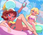  2girls absurdres bandeau bikini blonde_hair blue_eyes breasts brown_hair can cleavage crop_top earrings flower_earrings foxdropsdraws hair_ornament hat highres holding holding_can innertube jewelry long_hair looking_at_viewer mario_(series) mario_kart mario_kart_world midriff multiple_girls navel official_alternate_costume one_eye_closed open_mouth orange_sports_bra outdoors pink_bandeau pink_bikini ponytail princess_daisy princess_daisy_(swimwear)_(mario_kart_world) princess_peach princess_peach_(swimwear) shorts sky smile sphere_earrings sports_bra stomach strapless strapless_bikini super_mario_odyssey swim_ring swimsuit water white_hat yellow_bikini yellow_shorts yellow_sports_bra 